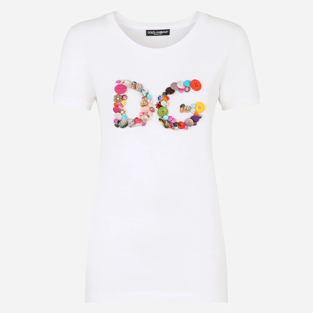 Dolce Gabbana D&G Short-Sleeved Jersey T-Shirt with DG Button Embellishment for Women