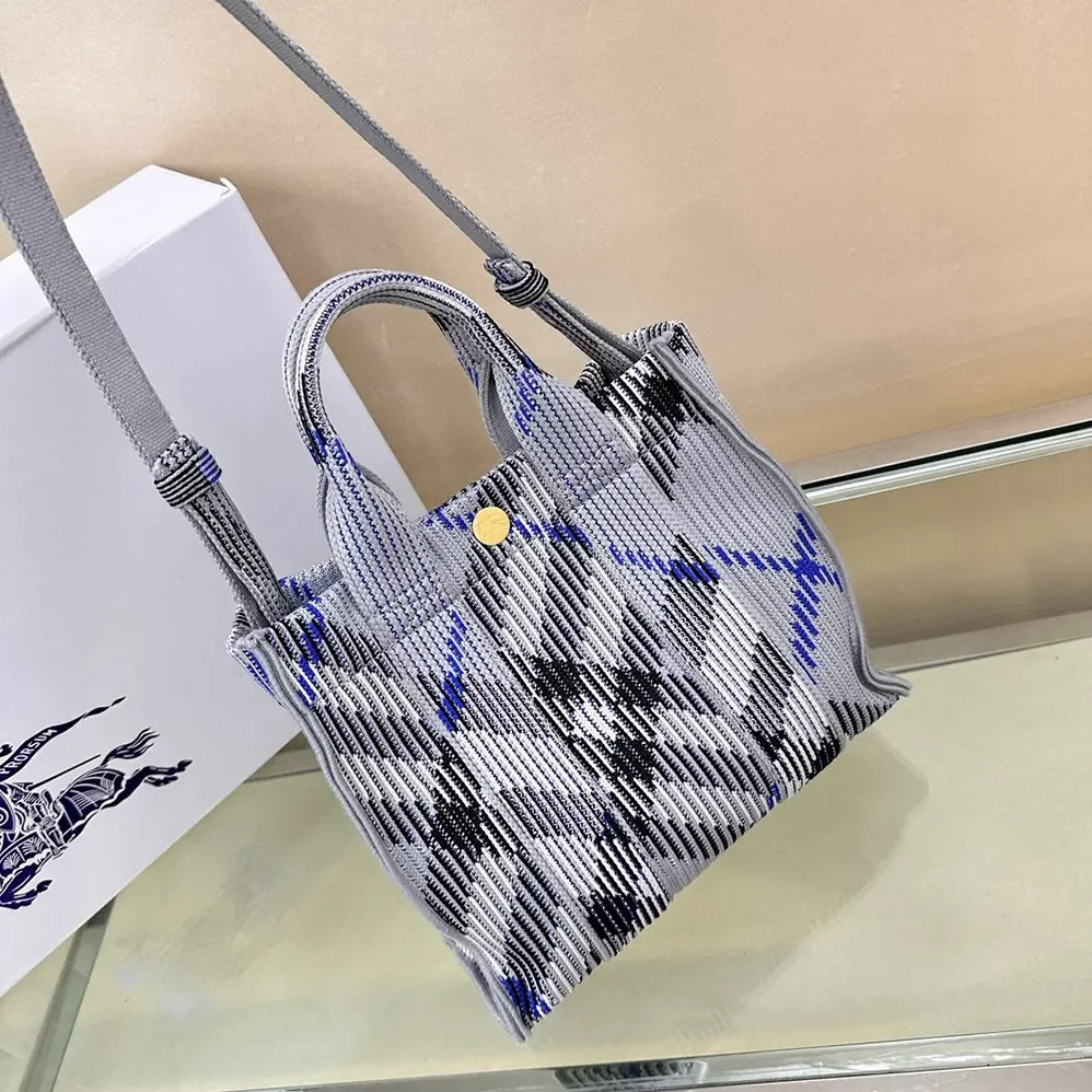 Burberry Mini Check Knitted Tote for Women in Grey Burberry Mini Check Knitted Tote for Women in Grey