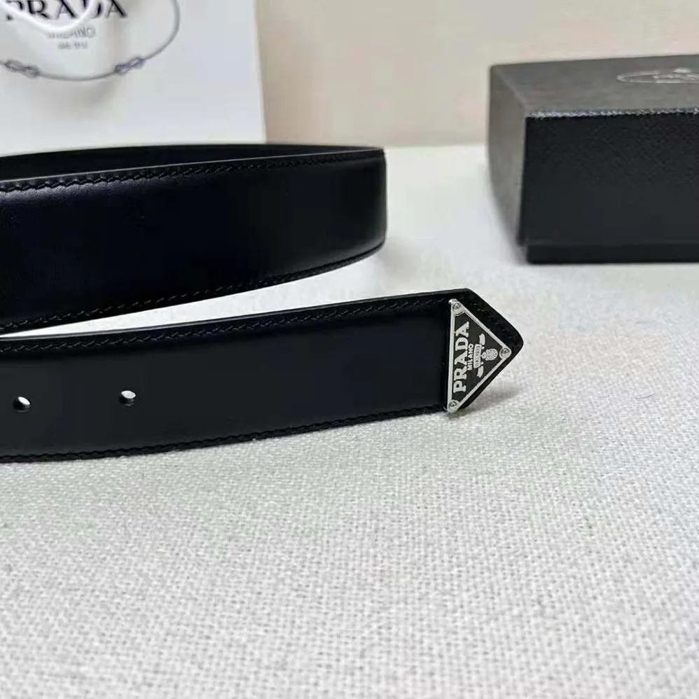 Prada Leather Belt with Enameled-Metal Triangle Logo for Women in Black Prada Leather Belt with Enameled-Metal Triangle Logo for Women in Black