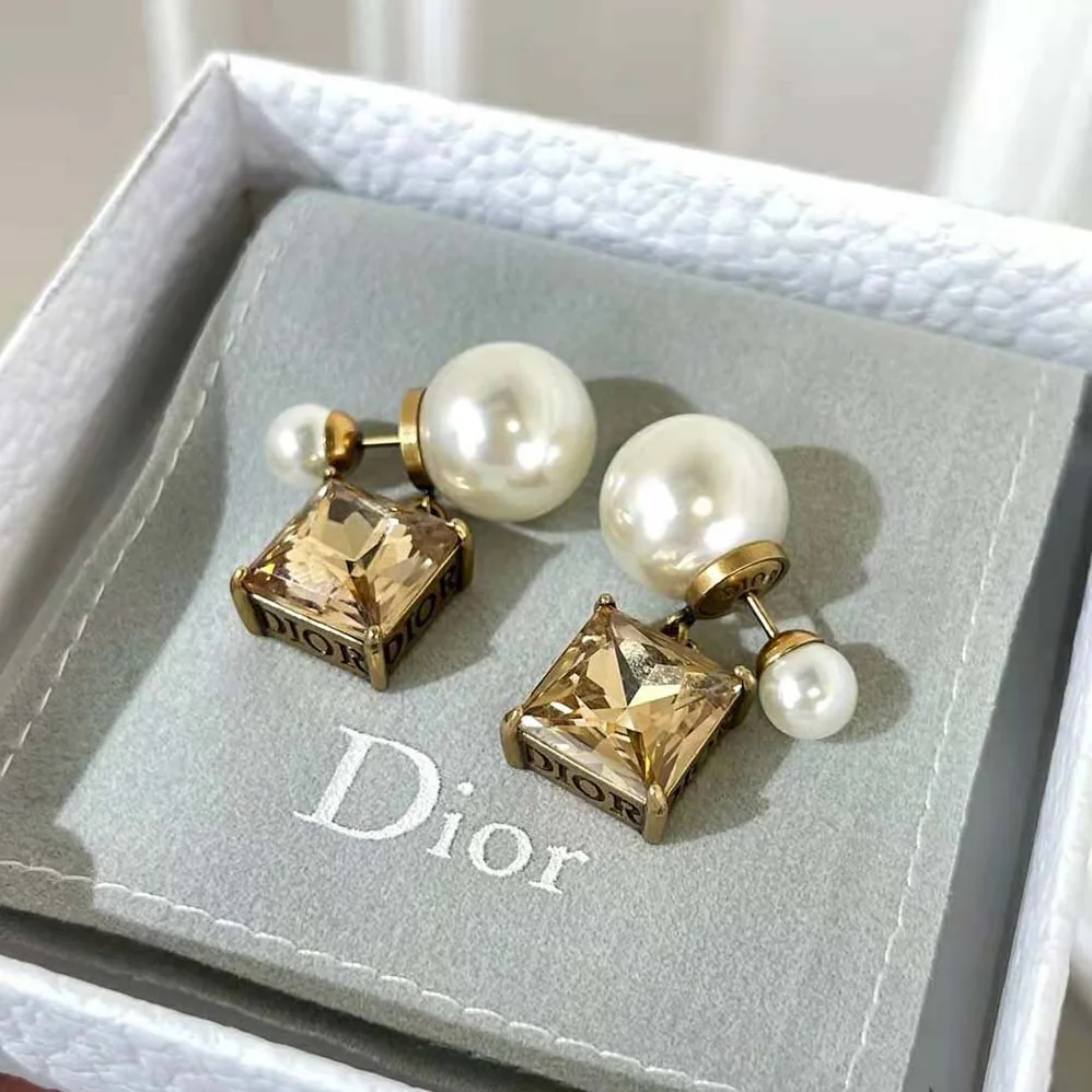 Dior Tribales Earrings Antique Gold-Finish Metal with White Resin Pearls and Citrine for Women