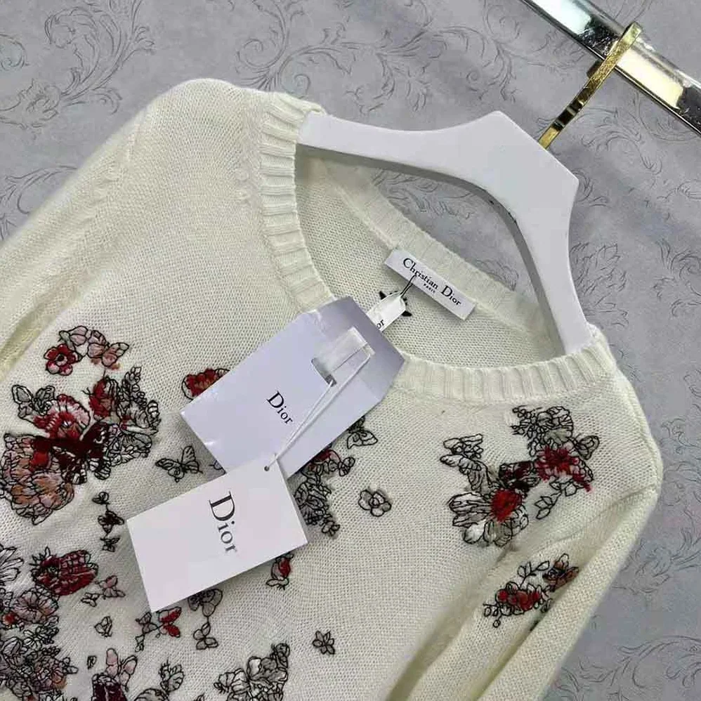 Dior Sweater White Cashmere with Multicolor Butterfly Motif for Women