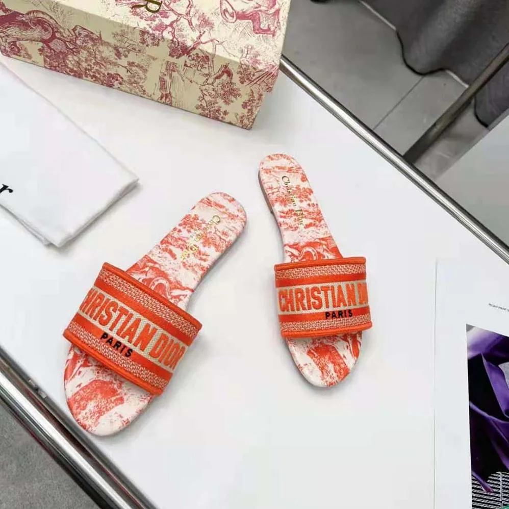 Dior Dway Slide Bright Orange Toile De Jouy Embroidered Cotton for Women