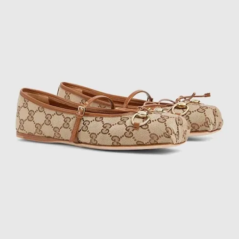 Gucci Horsebit Ballet Flats Beige in Dark Brown Canvas