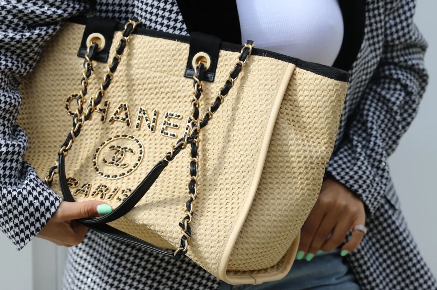 Chanel Deauville Medium Tote Bag in Beige Raffia Gold Hardware