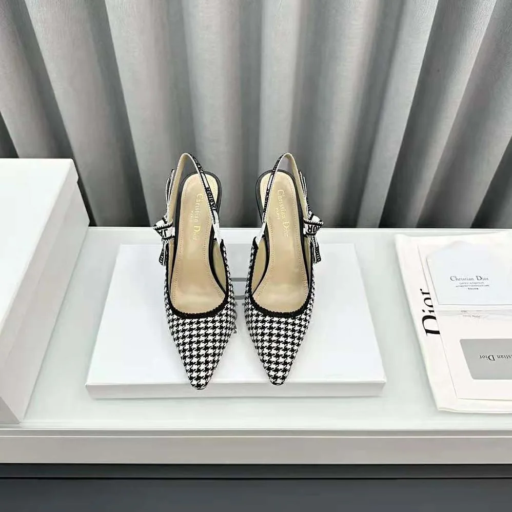 Dior J'Adior Slingback Pump White and Black Micro for Women in Houndstooth Embroidered Cotton