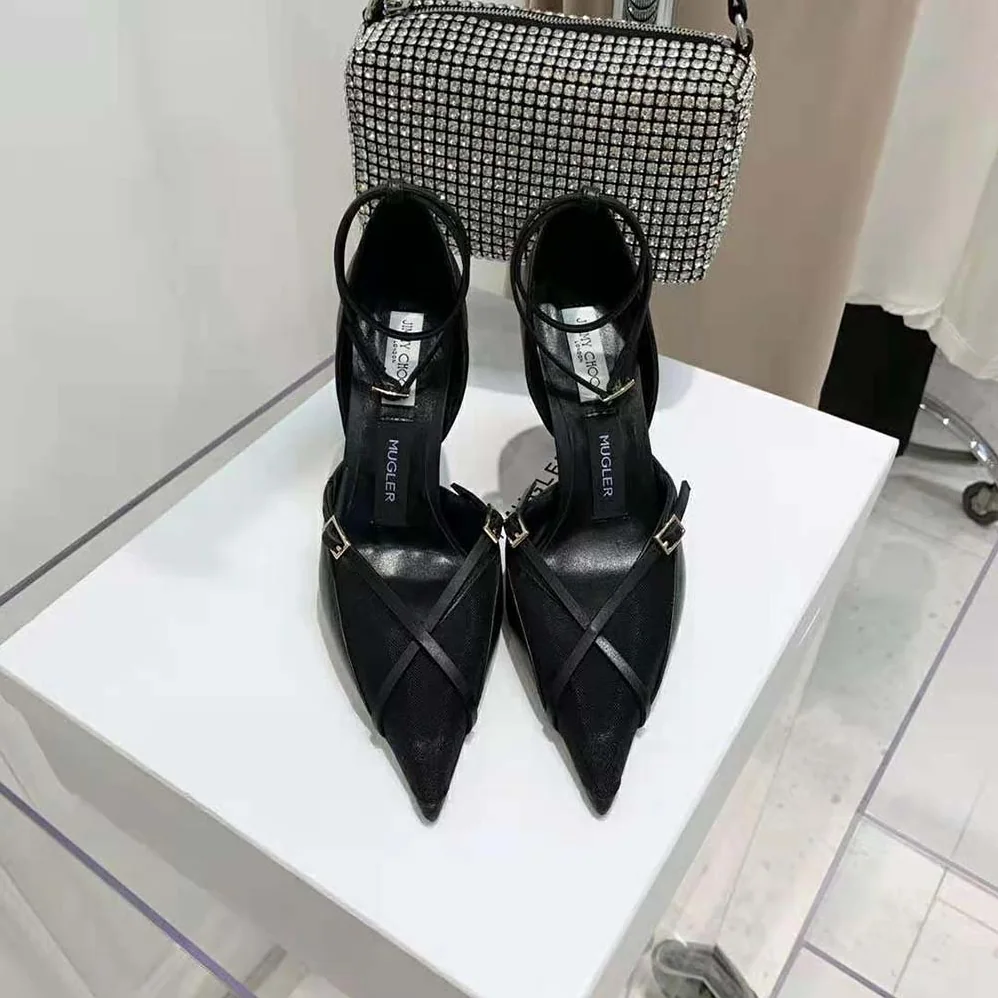 Jimmy Choo Mugler Strap Pump Black Kid Leather and Mesh Pumps with Straps for Women