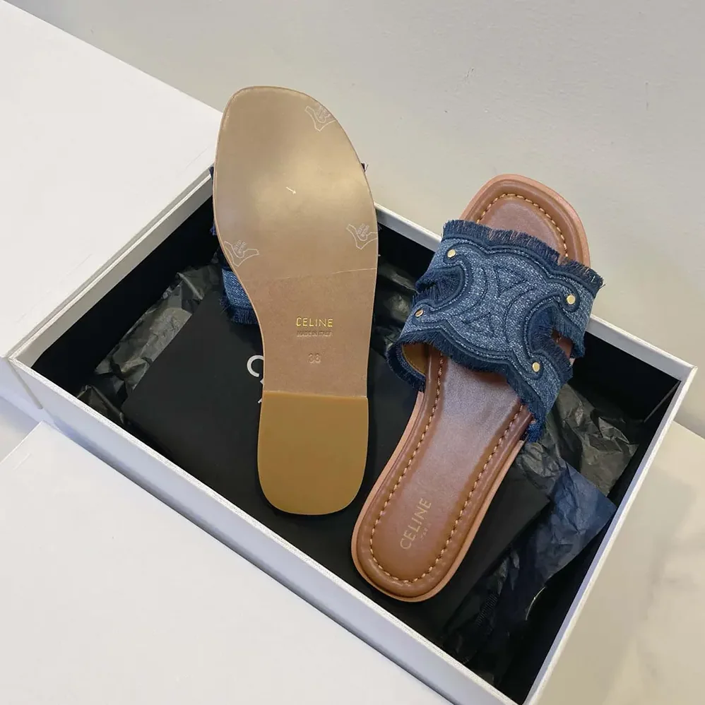 Celine Marina Fringed Mule in Denim for Women in Navy Celine Marina Fringed Mule in Denim for Women in Navy