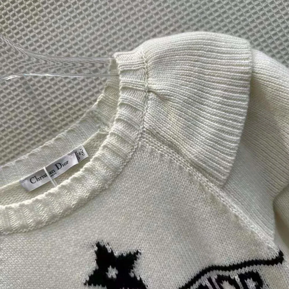 Dior Sweater with Ruffles White Cashmere Knit with Signature for Women