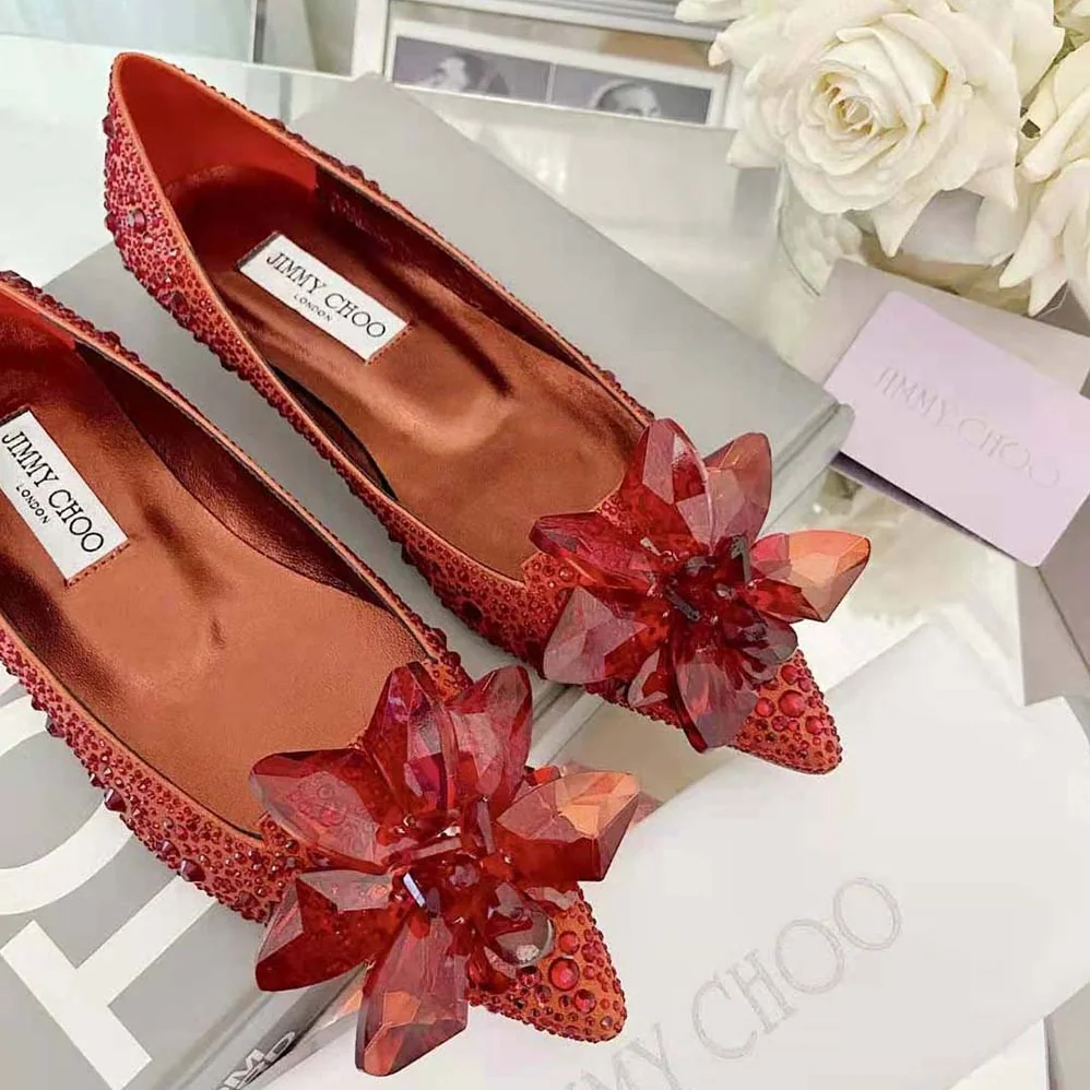 Jimmy Choo Attila Red Crystal Covered Pointy Toe Flats for Women Jimmy Choo Attila Red Crystal Covered Pointy Toe Flats for Women