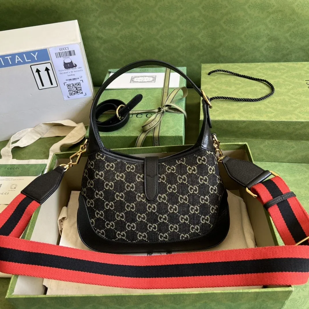 Gucci Jackie 1961 Small Shoulder Bag Black And Ivory GG Denim Jacquard /