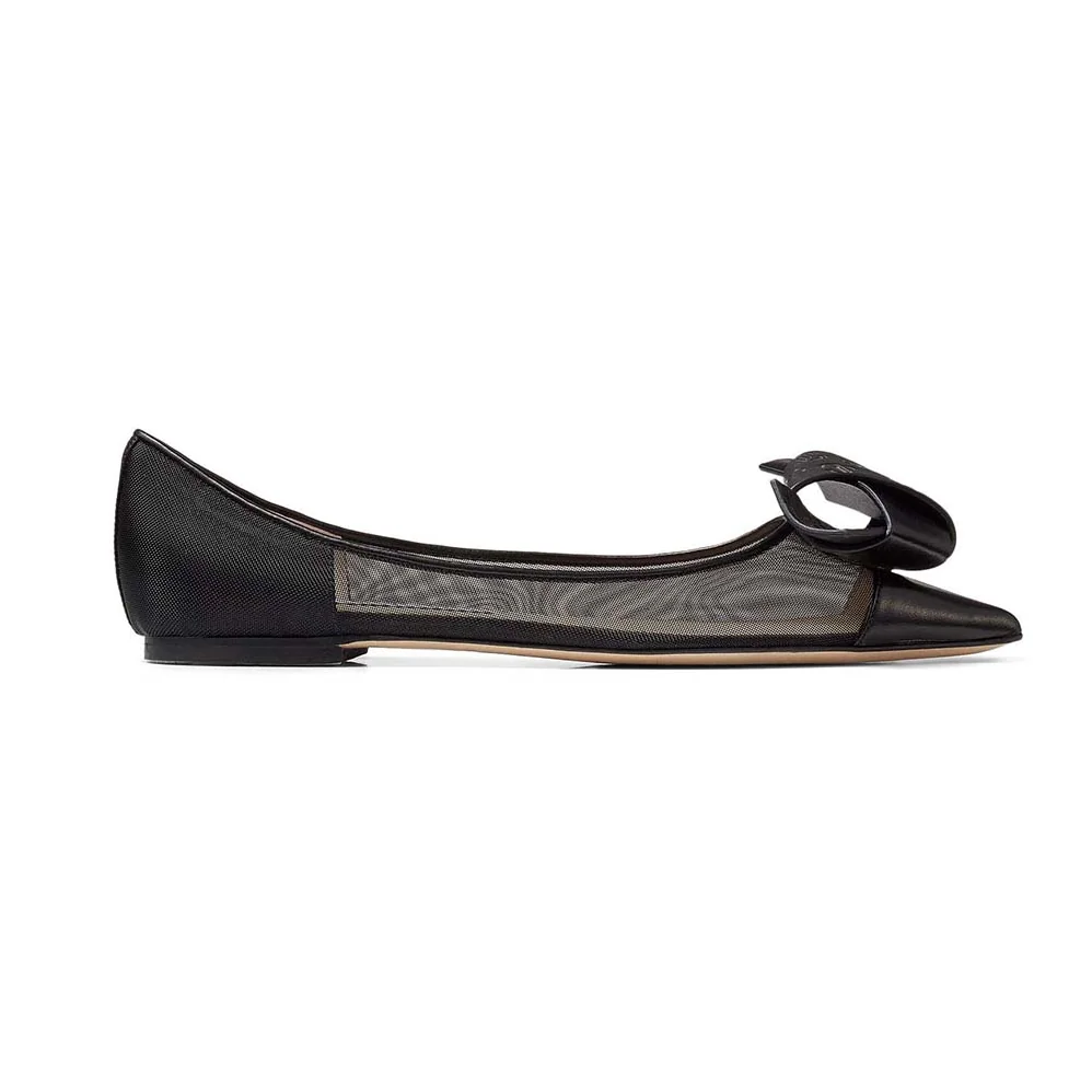 Jimmy Choo Lani Flat Black Mesh Flats with JC Monogram Leather Bow for Women Jimmy Choo Lani Flat Black Mesh Flats with JC Monogram Leather Bow for Women
