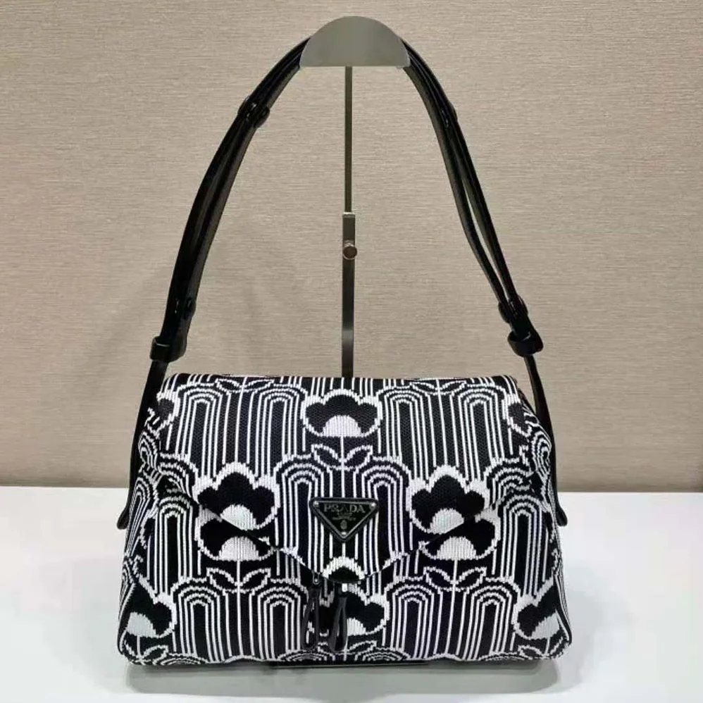 Prada Jacquard Knit and Leather Prada Signaux Bag for Women in Black