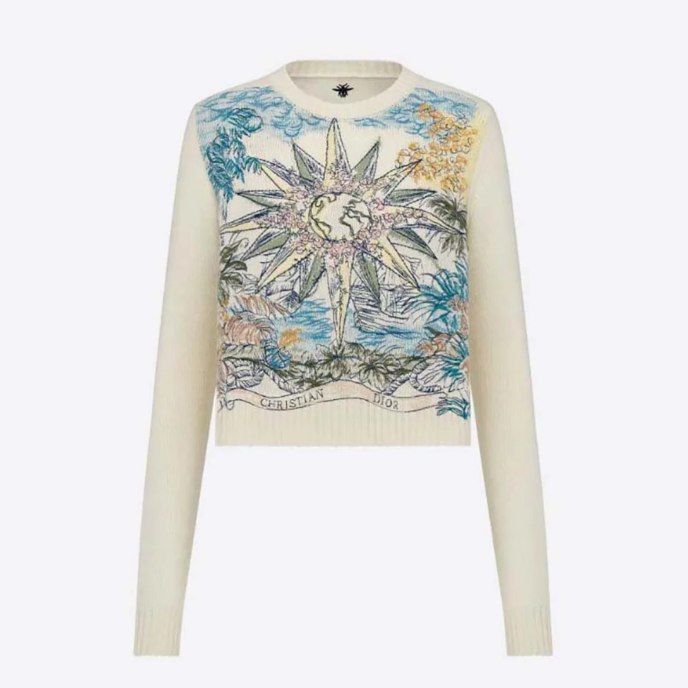 Dior Sweater Ecru Cashmere Knit with Multicolor Rêve D'Infini Motif for Women