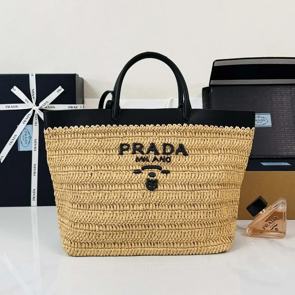 Prada Medium Crochet and Leather Tote Bag for Women in Black