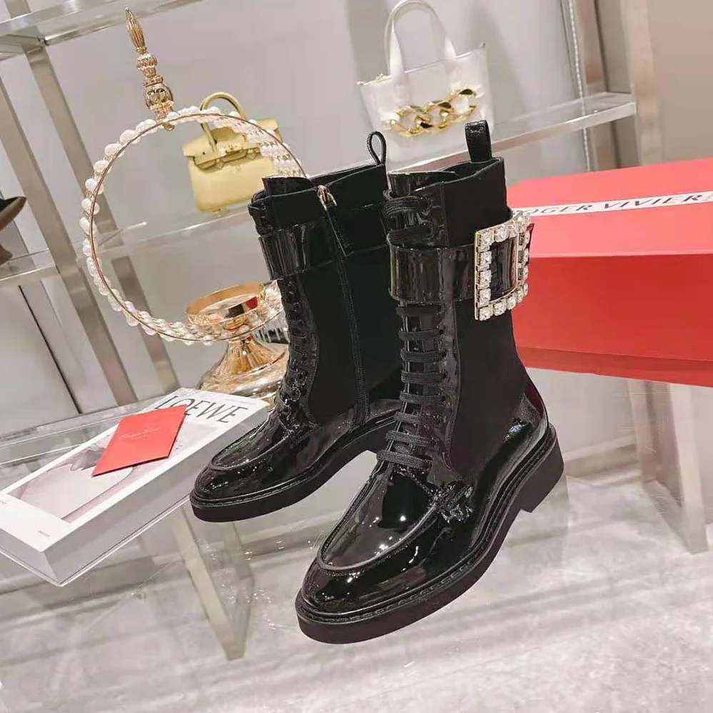 Roger Vivier Viv' Rangers Strass Buckle Boots in Fabrics for Women in Black Roger Vivier Viv' Rangers Strass Buckle Boots in Fabrics for Women in Black