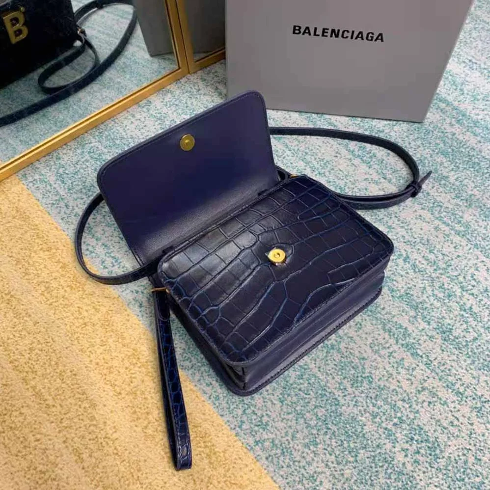 Balenciaga B. Small Bag in Black Crocodile Embossed Calfskin for Women in Navy
