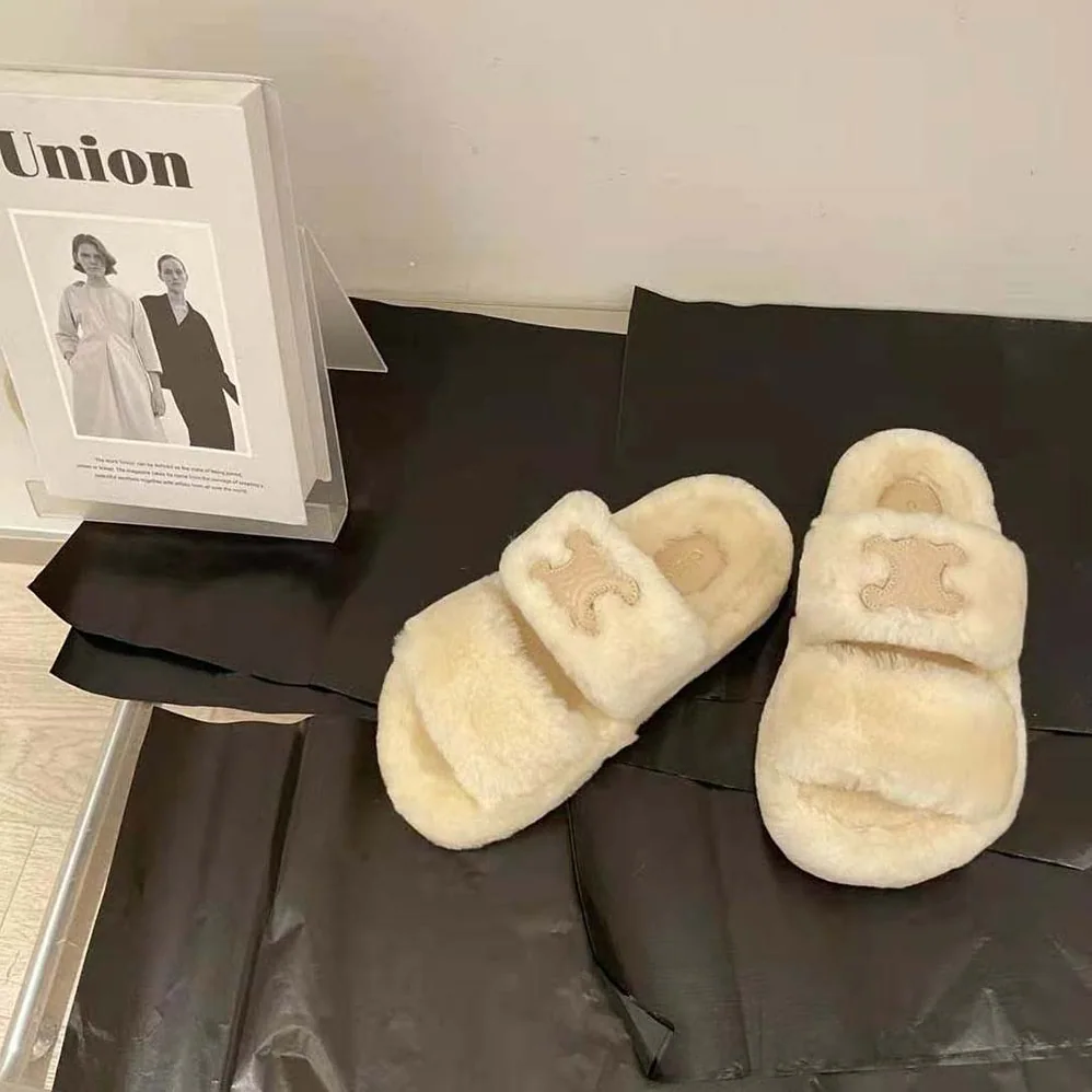 Celine Fur Slides Triomphe Open Slides in Shearling for Women