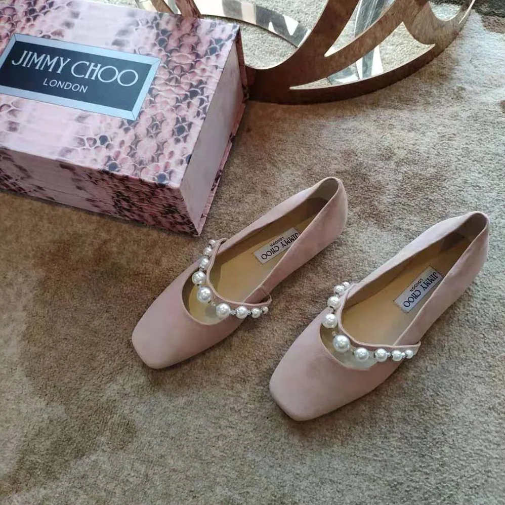 Jimmy Choo Ade Flat Ballet Pink Suede Flats with Pearl Embellishment for Women Jimmy Choo Ade Flat Ballet Pink Suede Flats with Pearl Embellishment for Women