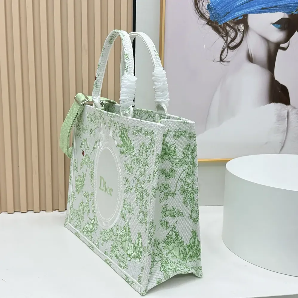 Dior Medium Dior Book Tote with Strap Green Multicolor Toile de Jouy Clover Embroidery for Women