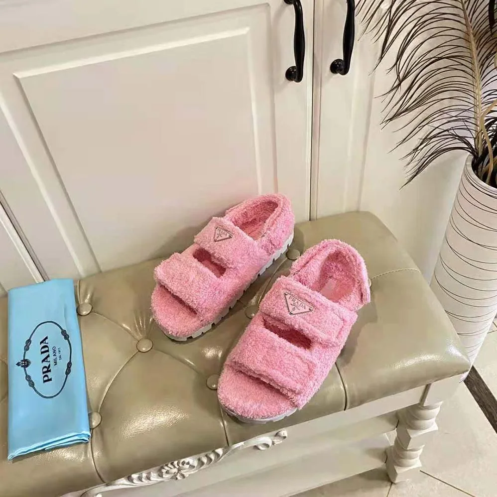 Prada Terrycloth Sandals with Enameled Metal Triangle Logo for Women in Pink