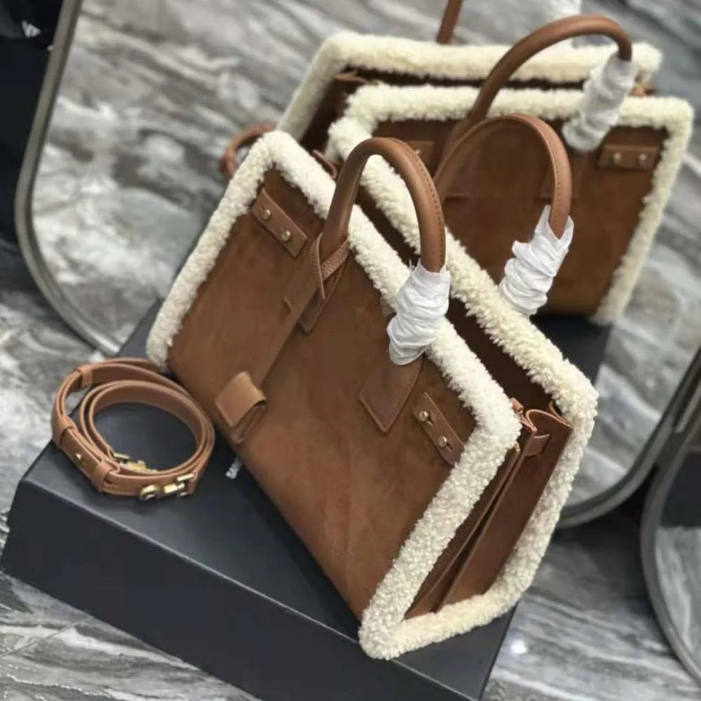 Saint Laurent YSL Sac De Jour Thin Large in Shearling and Suede for Men in Brown