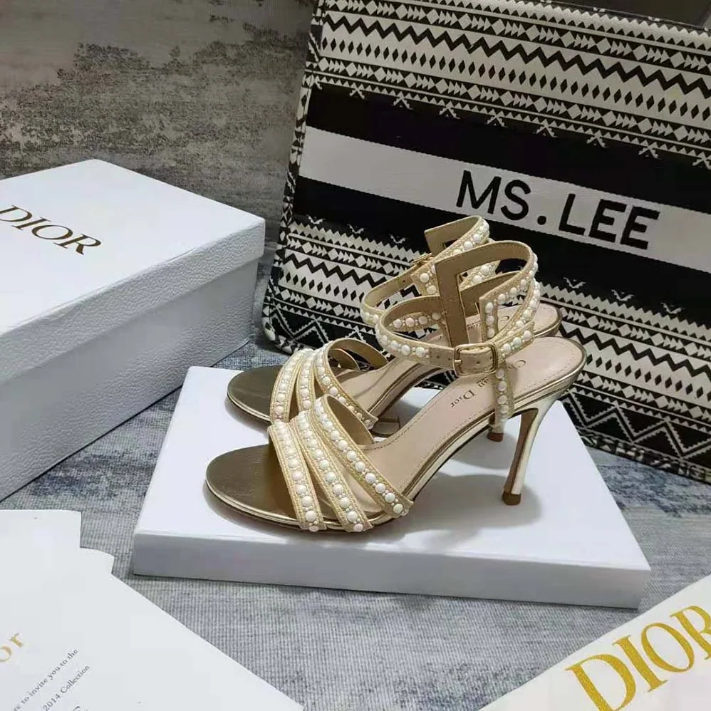 Dior Gem Heeled Sandal Cotton Embroidered with Gold-Tone Metallic Thread and White Beads and Strass for Women Dior Gem Heeled Sandal Cotton Embroidered with Gold-Tone Metallic Thread and White Beads and Strass for Women