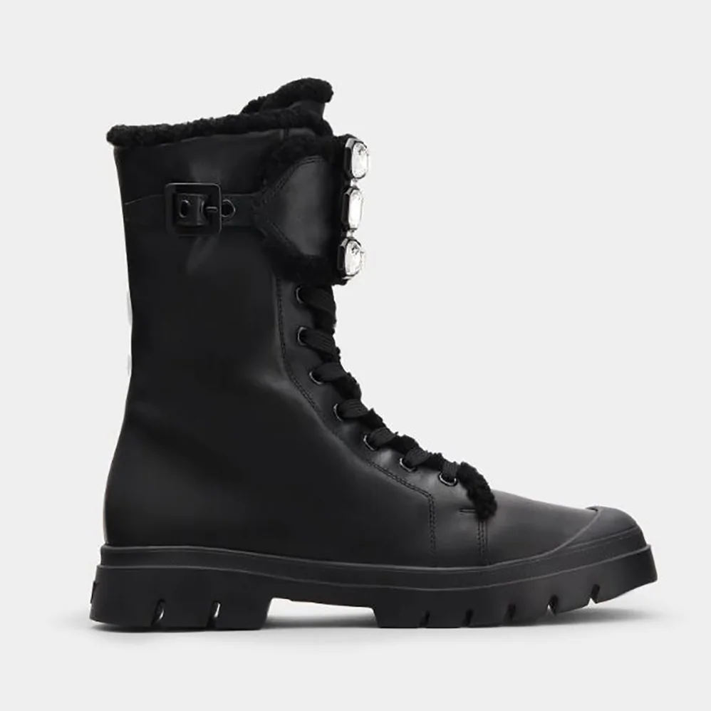 Roger Vivier Walky Viv' Shearling Strass Buckle Boots in Leather for Women in Black Roger Vivier Walky Viv' Shearling Strass Buckle Boots in Leather for Women in Black