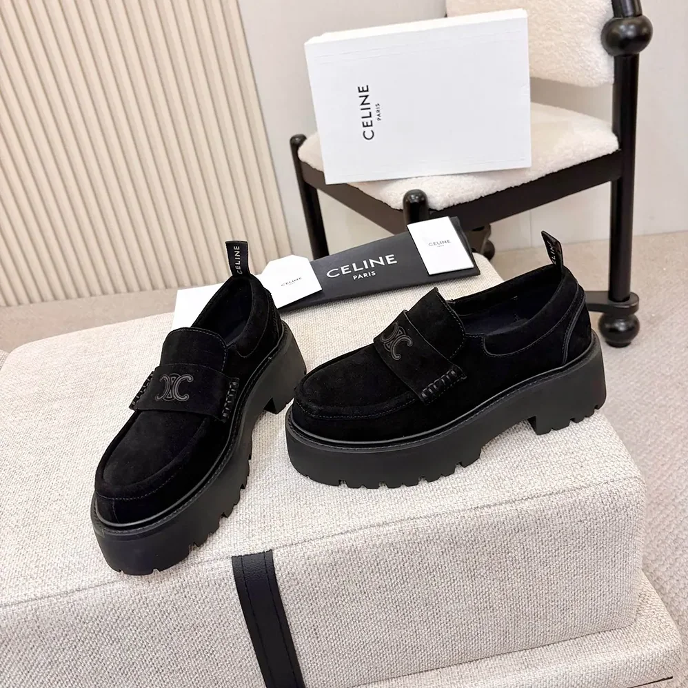 Celine Triomphe Loafers in Suede Calfskin for Women in Black Celine Triomphe Loafers in Suede Calfskin for Women in Black