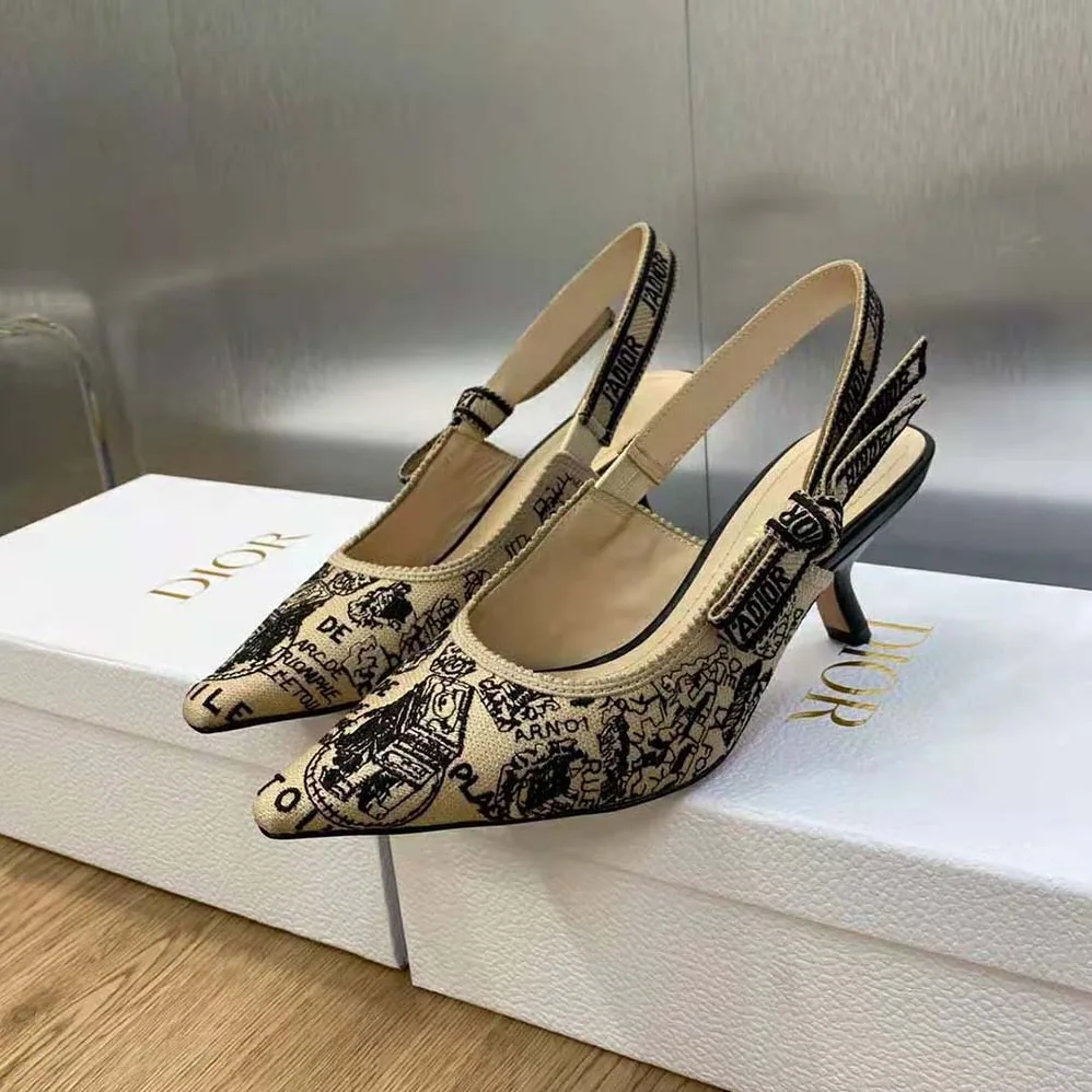 Dior J'Adior Slingback Pump Beige and Black Cotton Embroidered with Plan de Paris Motif for Women Dior J'Adior Slingback Pump Beige and Black Cotton Embroidered with Plan de Paris Motif for Women
