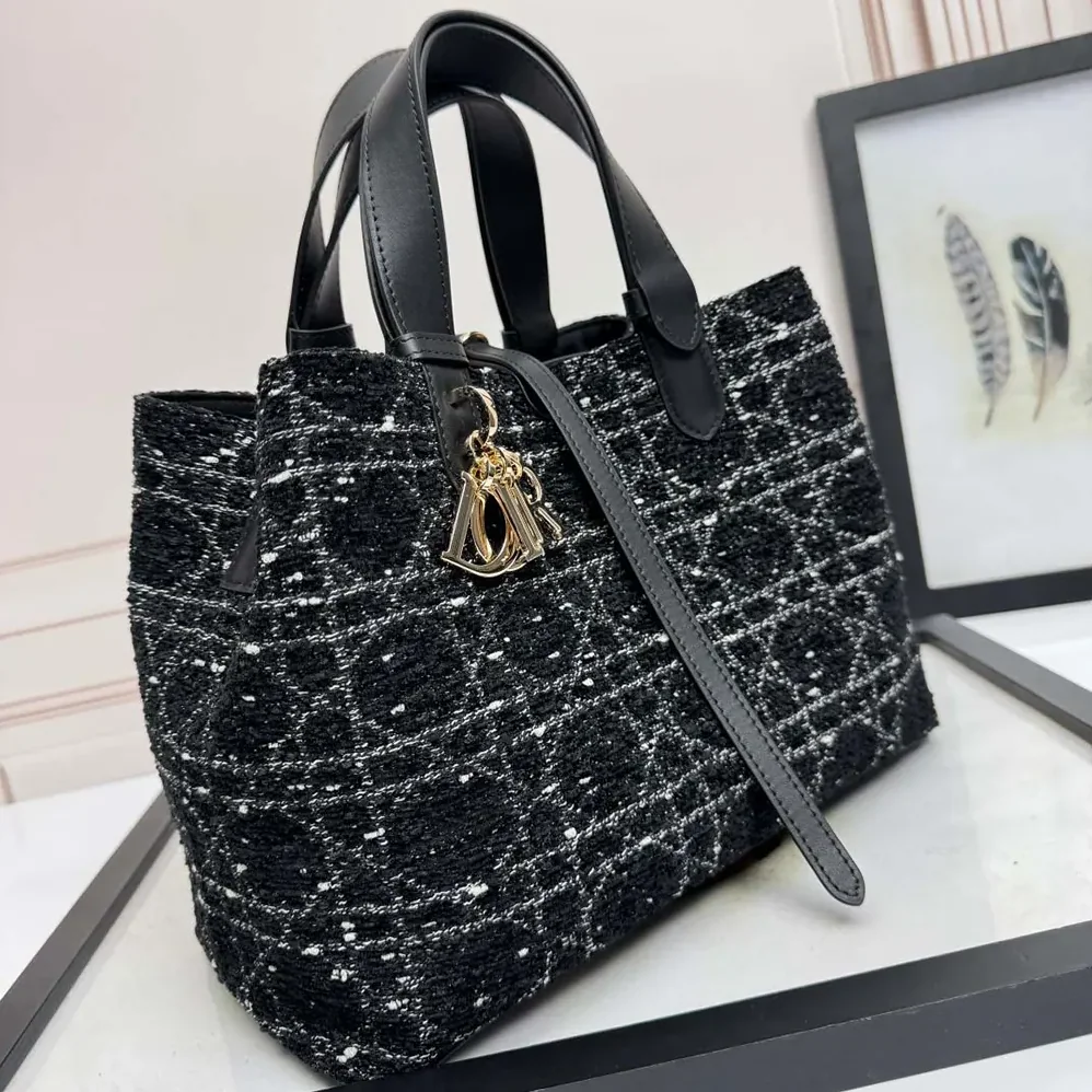 Dior Medium Dior Toujours Bag Black Tweed with White Cannage Motif for Women Dior Medium Dior Toujours Bag Black Tweed with White Cannage Motif for Women