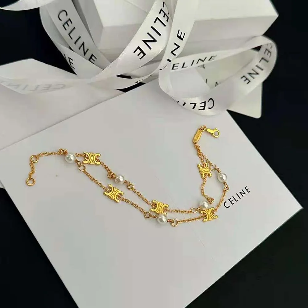 Celine Triomphe Pearl Double Bracelet in Brass with Gold Finish and Resin Pearls for Women