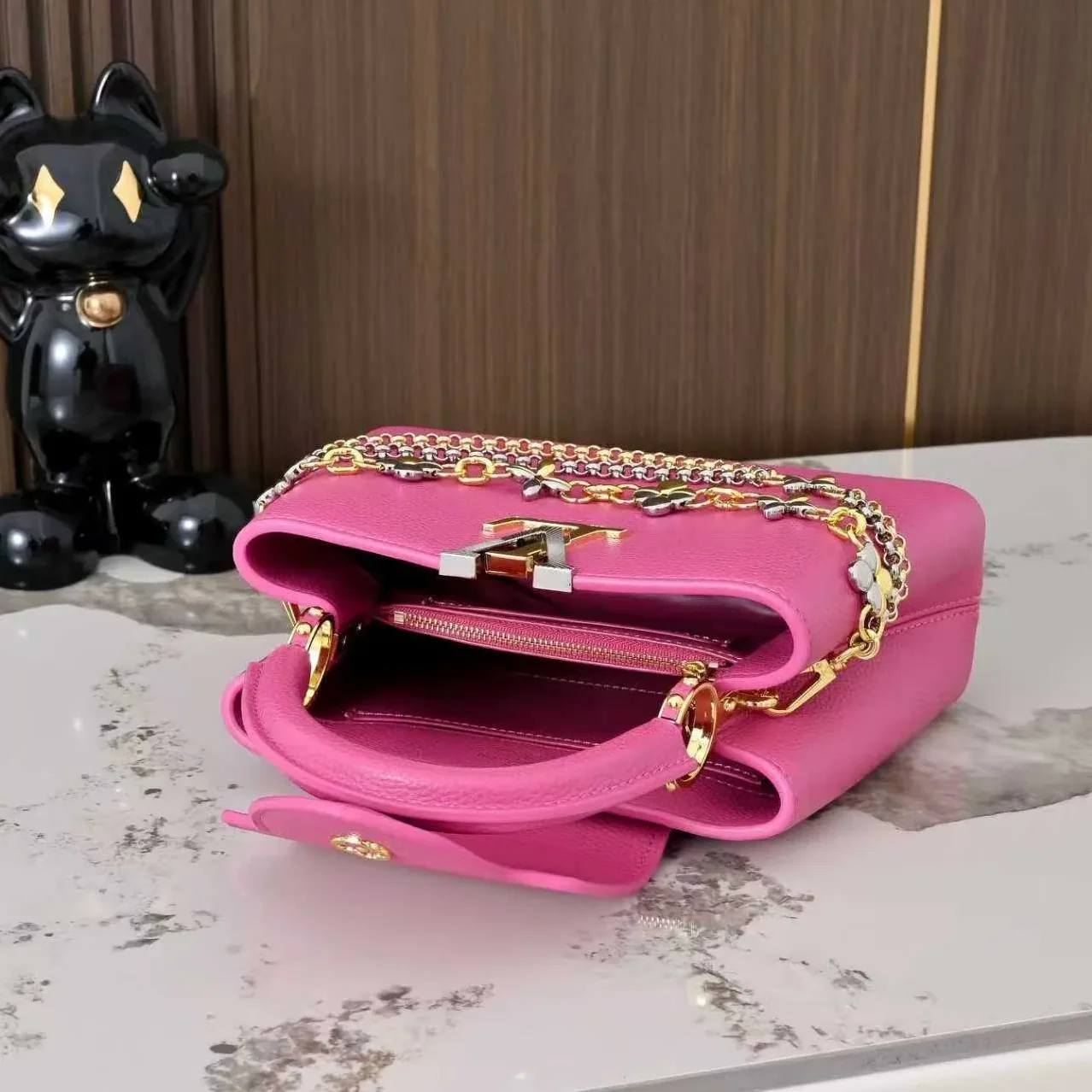 Louis Vuitton Capucines BB Top Handle Bag in Raspberry Silver/ Gold Hardware