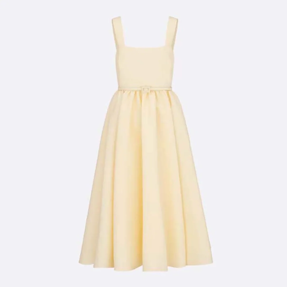 Dior Mid-length Belted Dress Ecru Wool and Silk Shantung for Women Dior Mid-length Belted Dress Ecru Wool and Silk Shantung for Women