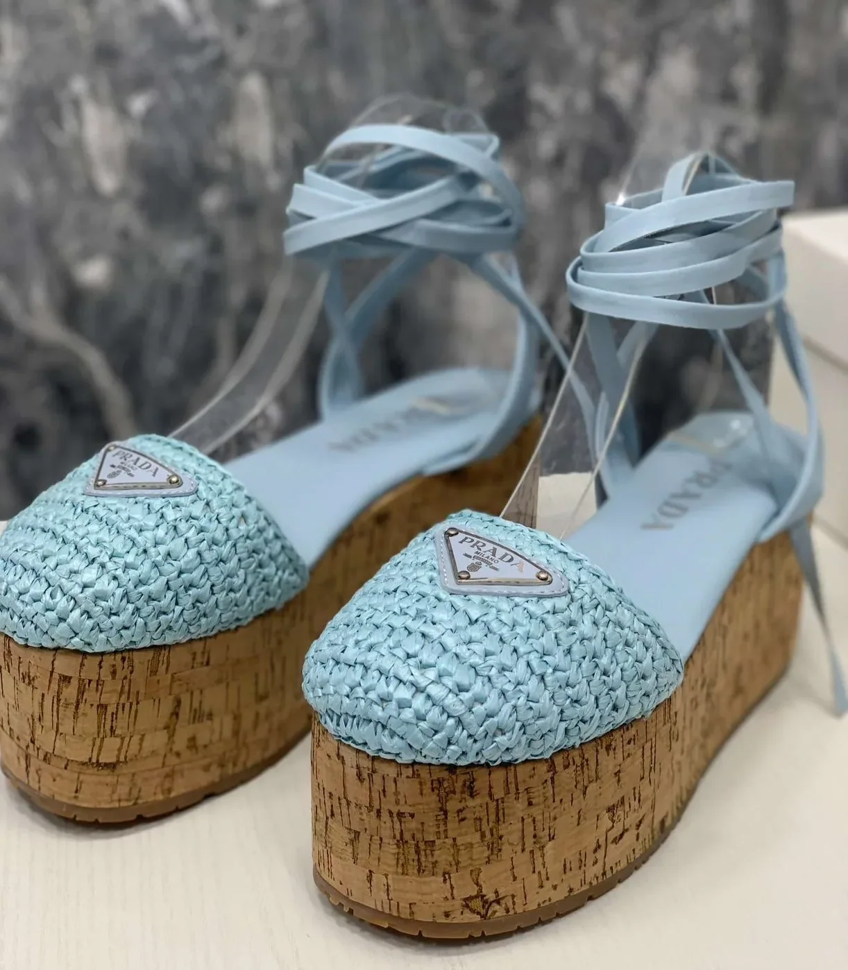 Prada Crochet Wedge Sandals Light Blue
