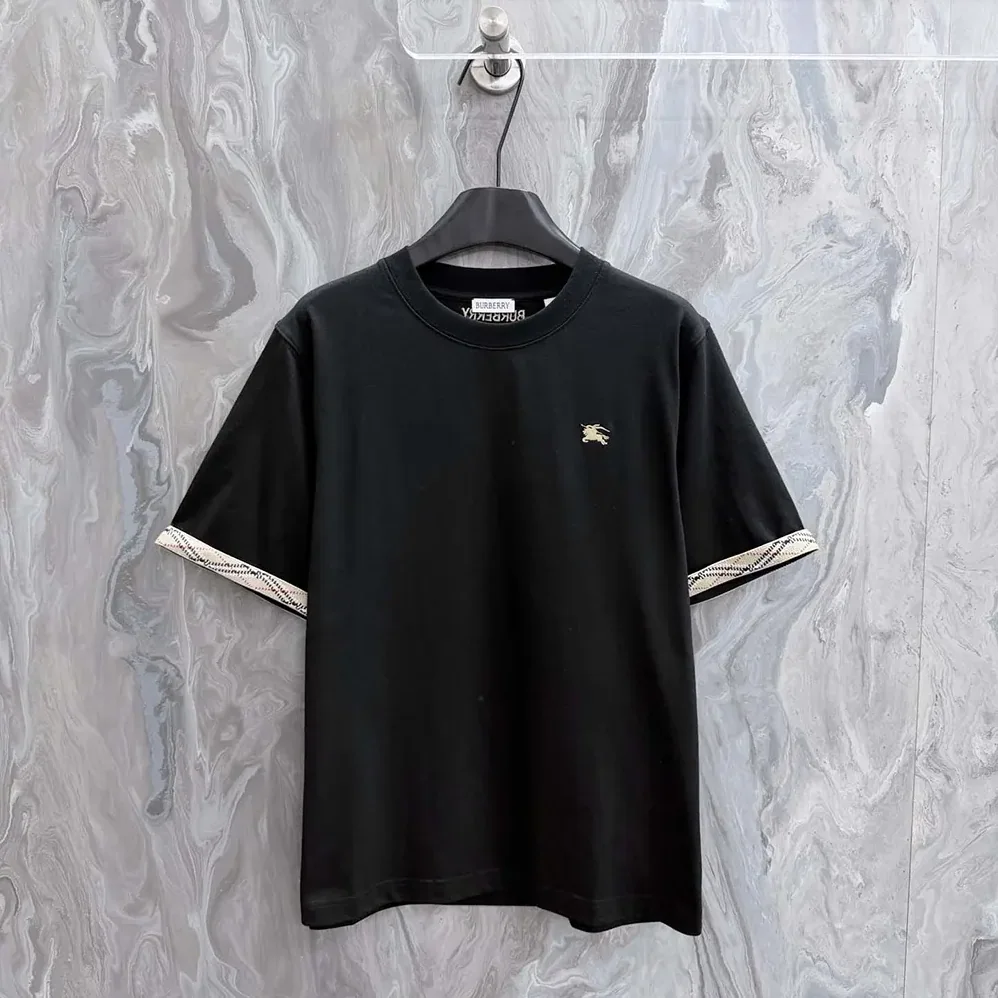 Burberry Check Trim Cotton T-shirt for Women in Black Burberry Check Trim Cotton T-shirt for Women in Black