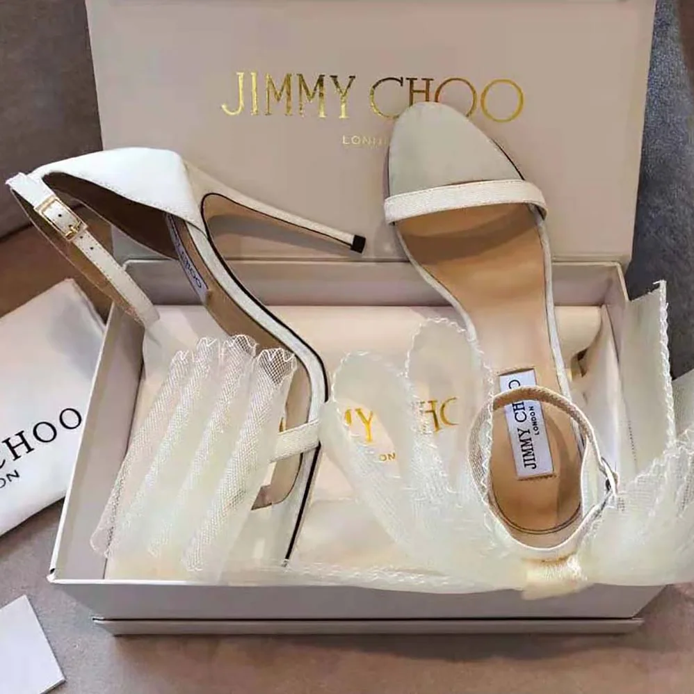 Jimmy Choo Aveline 100 White Sandals with Asymmetric Grosgrain Mesh Fascinator Bows for Women