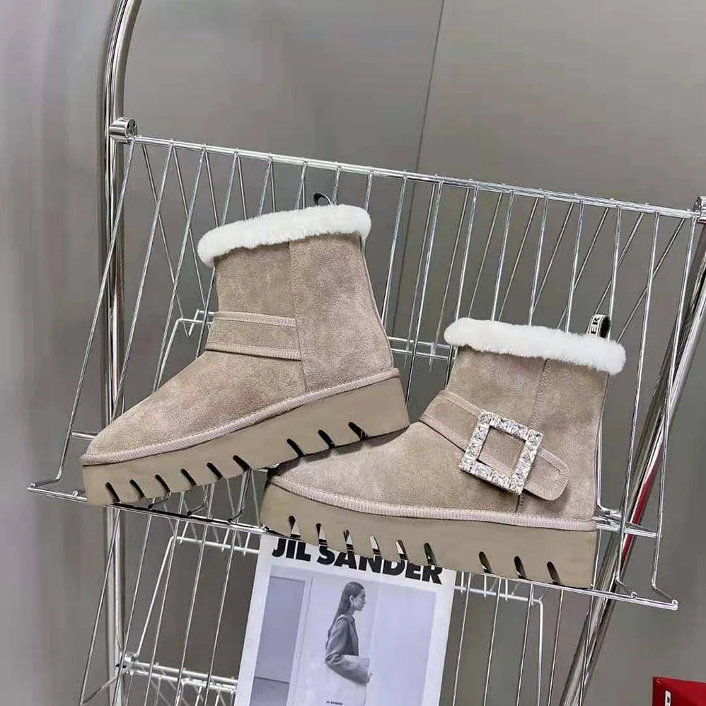 Roger Vivier Viv' Winter Fur Strass Buckle Ankle Boots in Suede for Women in Beige Roger Vivier Viv' Winter Fur Strass Buckle Ankle Boots in Suede for Women in Beige