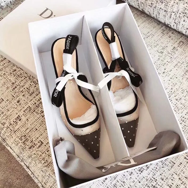 Dior J'Adior Slingback Nude Dotted Swiss Rhinestones Ribbon Adorned Rhinestones for Women