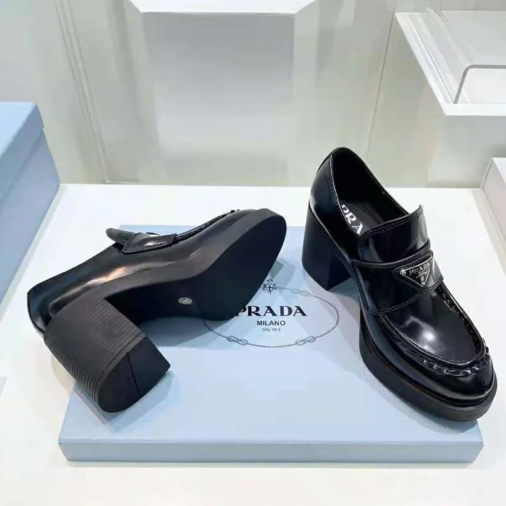 Prada Chocolate High for Women in Heeled Brushed Leather Loafers Prada Chocolate High for Women in Heeled Brushed Leather Loafers