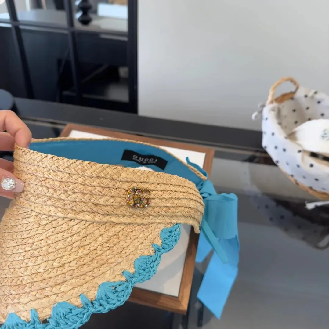 Gucci Crochet-Trimmed Visor Beige/ Blue Straw Gucci Crochet-Trimmed Visor Beige/ Blue Straw