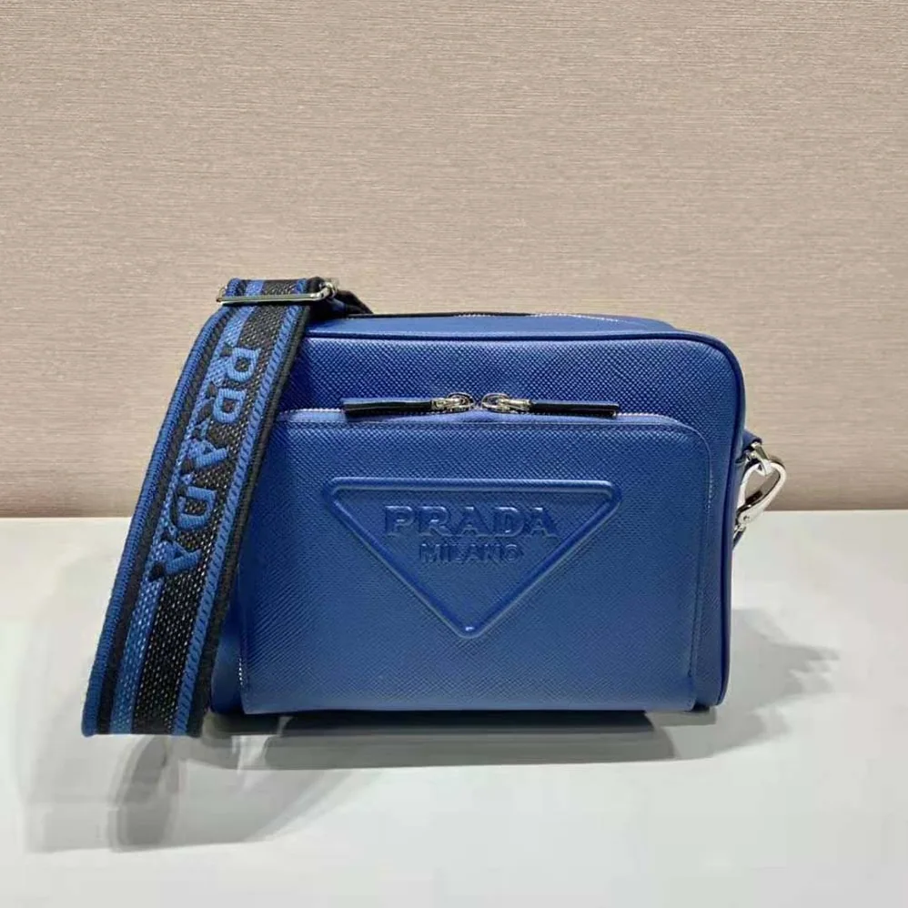 Prada Saffiano Leather Shoulder Bag With Iconic Prada Material for Men in Navy