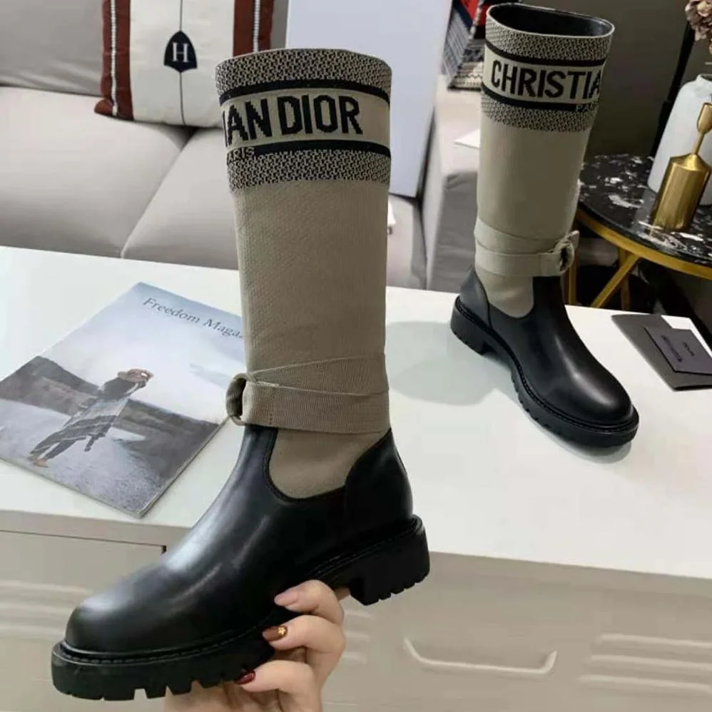 Dior D-major Boot Taupe and Black Technical Fabric and Black Calfskin for Women