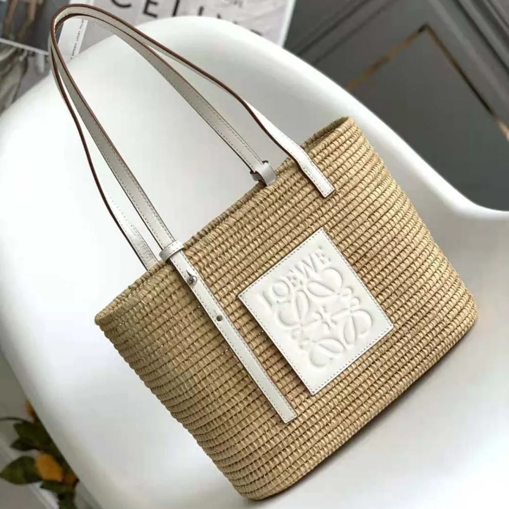 Loewe Small Square Basket Bag in Raffia and Calfskin for Women in White