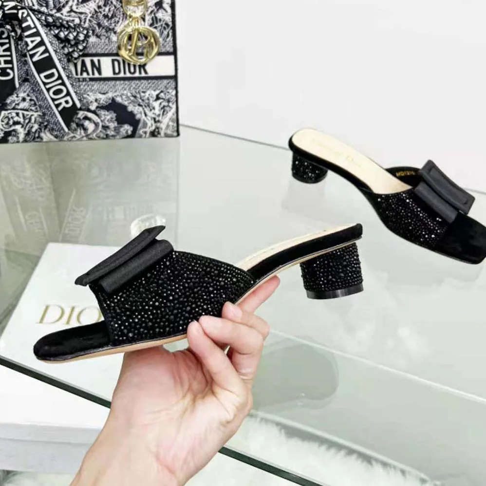 Dior Idylle Heeled Slide Black Suede Covered with Strass and Grosgrain for Women Dior Idylle Heeled Slide Black Suede Covered with Strass and Grosgrain for Women