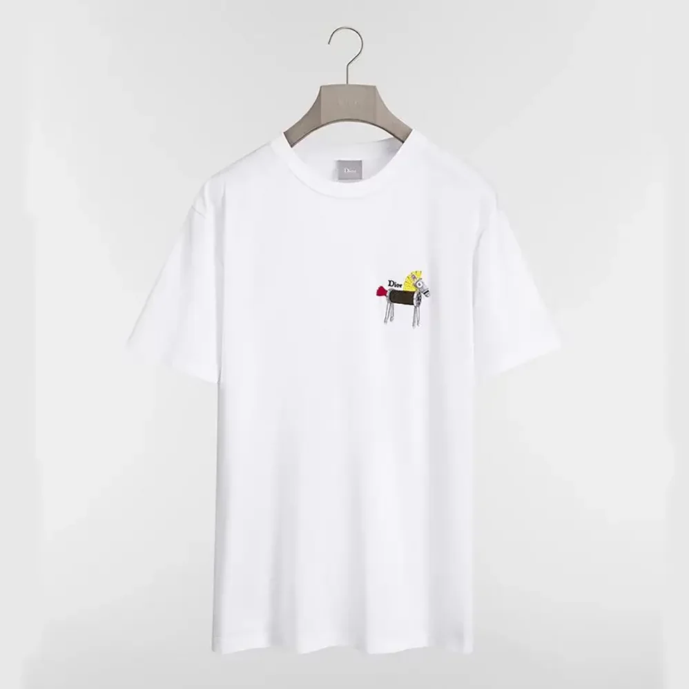 Dior T-Shirt with Horse Embroidery Relaxed Fit White Cotton Jersey for Men