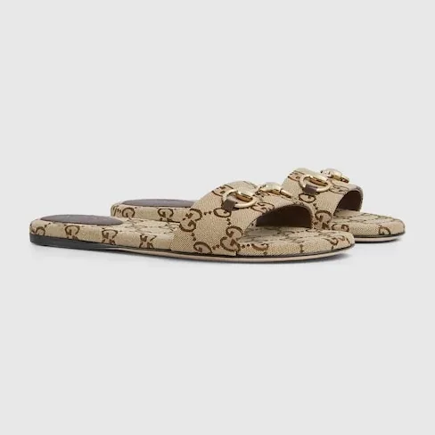 Gucci Horsebit Slide Sandals Beige in Dark Brown