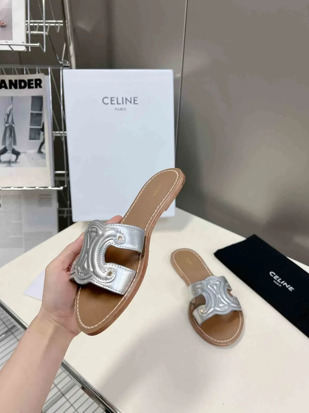 Celine Triomphe Mule In Metalized Sliver Tone .36PN Celine Triomphe Mule In Metalized Sliver Tone .36PN