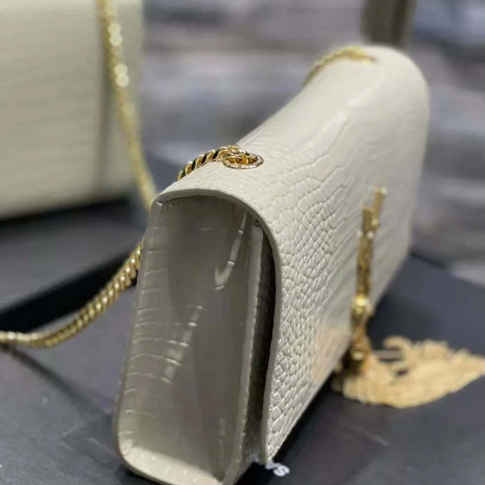 Saint Laurent YSL Kate Medium with Tassel in Crocodile-Embossed Shiny Leather for Women in White Saint Laurent YSL Kate Medium with Tassel in Crocodile-Embossed Shiny Leather for Women in White