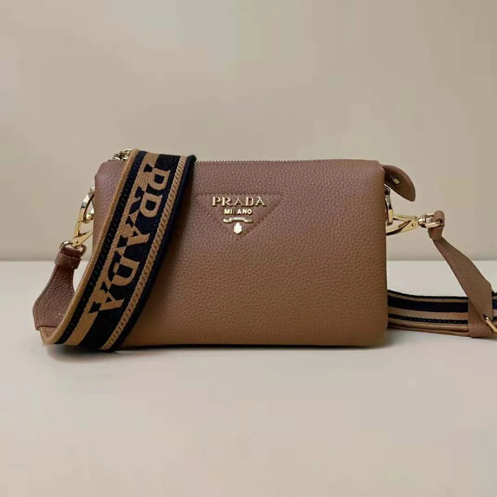 Prada Leather Shoulder Bag with Metal Lettering Logo for Women in Brown