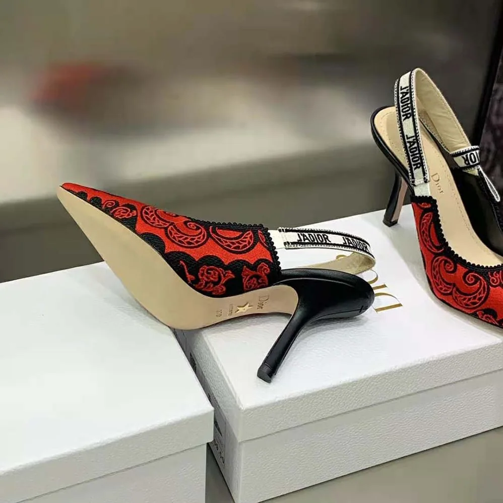Dior J'Adior Slingback Pump Black and Red Cotton with Dior Bandana Embroidery for Women Dior J'Adior Slingback Pump Black and Red Cotton with Dior Bandana Embroidery for Women